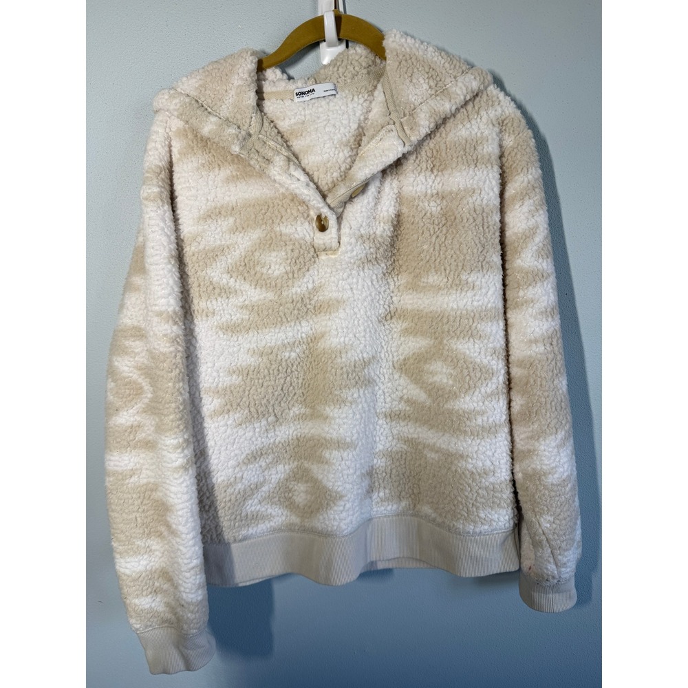 Sonoma Womens Hoodie Size S Cream/Tan Aztec Sherpa Fleece Pullover Cabin Cozy